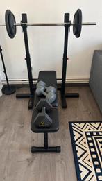 Banc de musculation complet + barre + haltères, Ophalen, Zo goed als nieuw