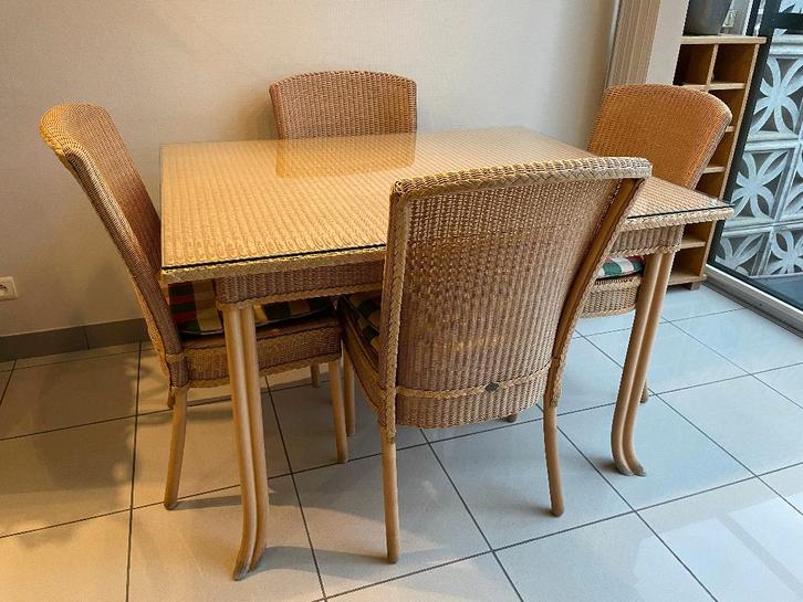 Tafel + 4 stoelen Lloyd Loom "Stamford", Huis en Inrichting, Tafels | Eettafels, Gebruikt, 50 tot 100 cm, 100 tot 150 cm, Vier personen