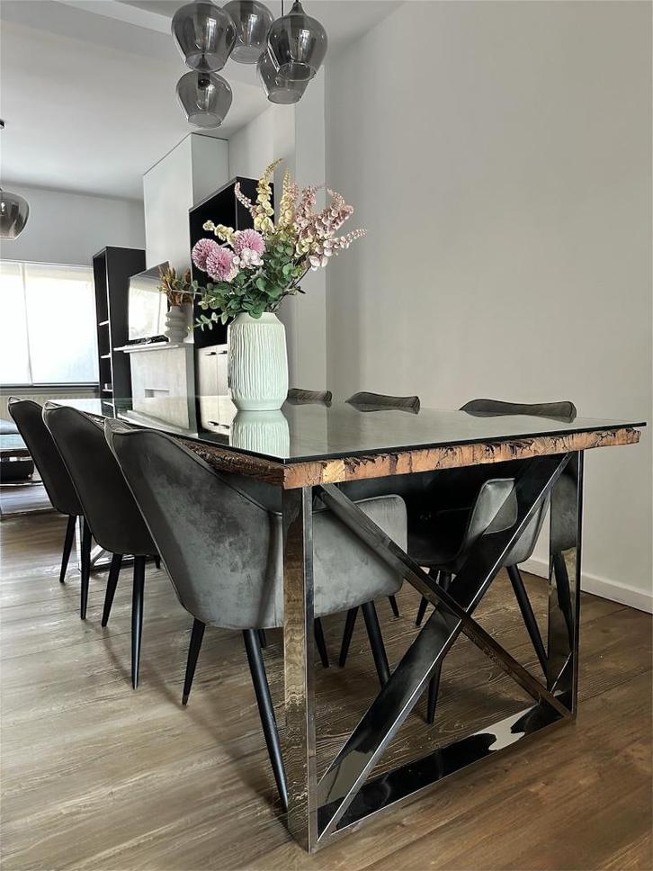 Eettafel en salontafel, Huis en Inrichting, Tafels | Eettafels, Vijf personen of meer, Rechthoekig, Teakhout, Glas, Metaal, Ophalen