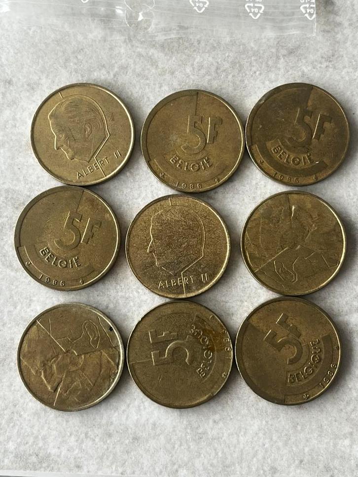 9x Belgische 5 frank (Boudewijn I & Albert II 1986–1993), Postzegels en Munten, Munten | België, Ophalen