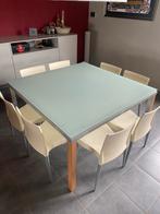 Moderne glazen eettafel 140x140cm met 8 stoelen, Huis en Inrichting, Tafels | Eettafels, Ophalen, Gebruikt, Vierkant, Glas