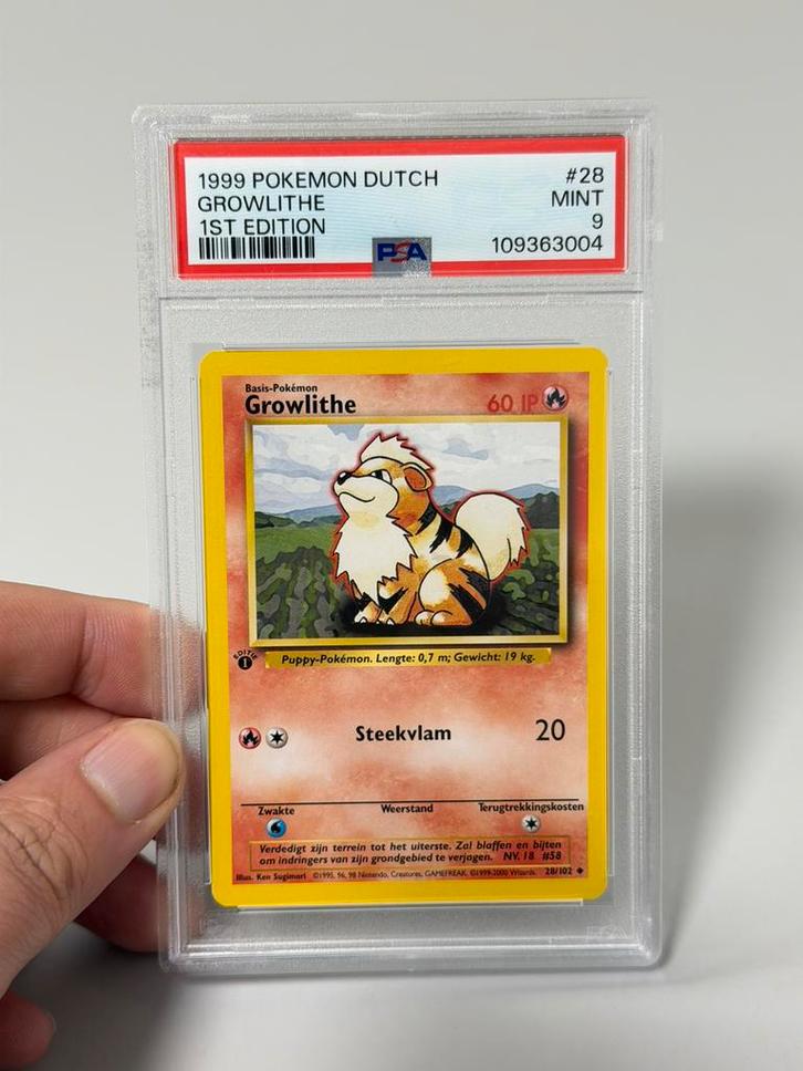 1999 POKEMON DUTCH 28 GROWLITHE First 1ST EDITION psa-9 WOTC, Hobby en Vrije tijd, Verzamelkaartspellen | Pokémon, Zo goed als nieuw