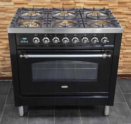 🔥 Poêle Boretti de luxe 90 cm en acier inoxydable noir bril, Electroménager, Cuisinières, Comme neuf, Autoportant, 5 zones de cuisson ou plus