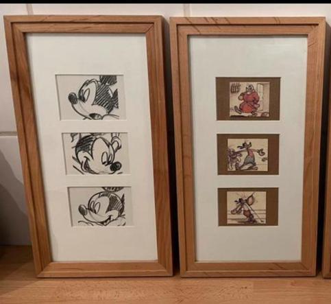 Houten kaders met schetsen Mickey Mouse en Goofy (15€/st)🖼️, Verzamelen, Disney, Nieuw, Plaatje of Poster, Mickey Mouse, Ophalen