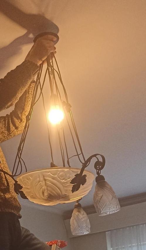 art deco kroonluchter - glaspasta en smeedijzer, Antiek en Kunst, Antiek | Verlichting, Ophalen