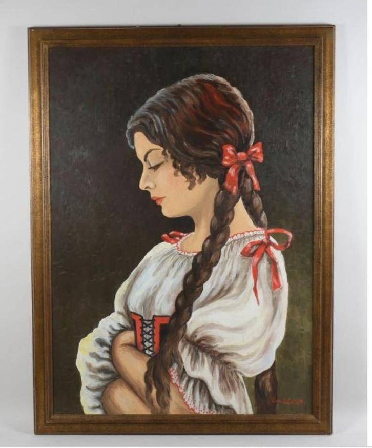 vintage schilderij ``jonge vrouw in tracht`` Collet, Antiquités & Art, Art | Peinture | Classique, Enlèvement ou Envoi