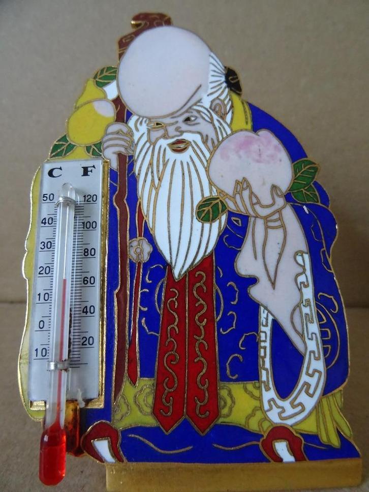 Curiosa Chinese thermometer geëmailleerd koper verguld 10cm, Antiek en Kunst, Curiosa en Brocante, Ophalen of Verzenden