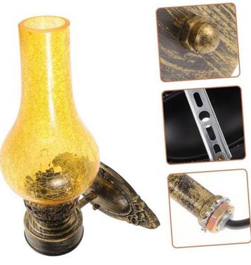 Wandlamp Industrieel olie lamp lantaarn geel glas antiek set