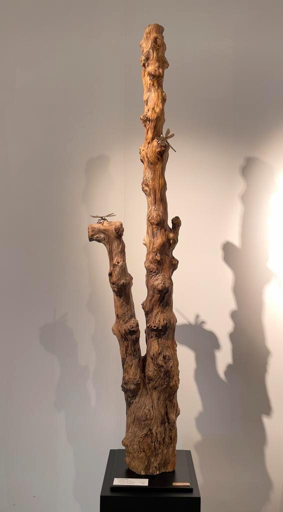 Artistieke sculptuur in olijfhout met bronzen libellen, Antiek en Kunst, Kunst | Beelden en Houtsnijwerken, Ophalen