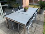 Stenen tafel met inox onderstel + 6 tuinstoelen, Ophalen, Gebruikt, Inox