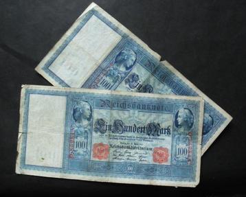 Deux billets allemands de cent Mark de 1910 ayant circulés  disponible aux enchères