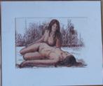 ONLEESBAAR / KOPPEL NAAKTE VROUWEN / ORIGINEEL WERK 61x70cm, Enlèvement ou Envoi