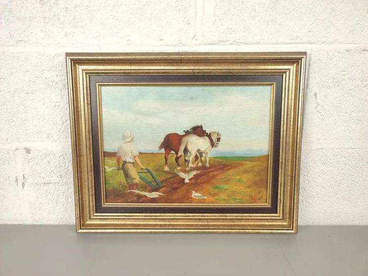 Aureel Mo - schilderij met trekpaarden, Antiquités & Art, Art | Peinture | Classique, Enlèvement ou Envoi