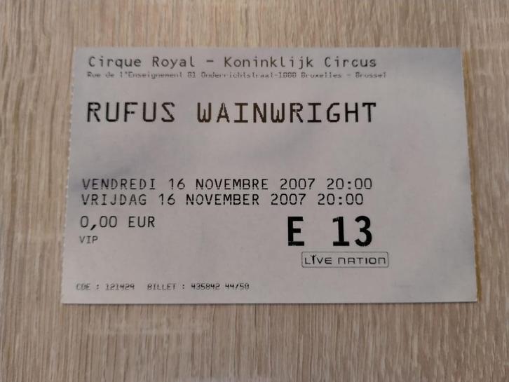 Ticket concert Rufus Wainwright Cirque Royal 2007, Verzamelen, Muziek, Artiesten en Beroemdheden, Gebruikt, Overige typen, Ophalen