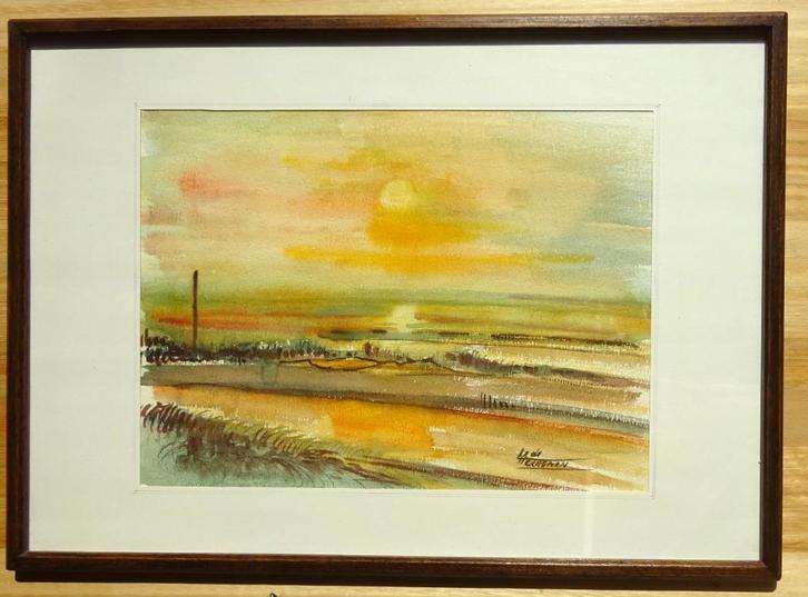 Lode Herreman, aquarel, 36 x 27 cm, Zon en Zee, Antiek en Kunst, Kunst | Schilderijen | Klassiek, Ophalen of Verzenden