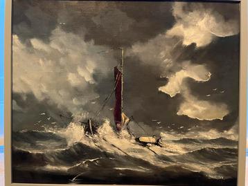 Schilderij met zeilboot in stormweer van J. Baai beschikbaar voor biedingen
