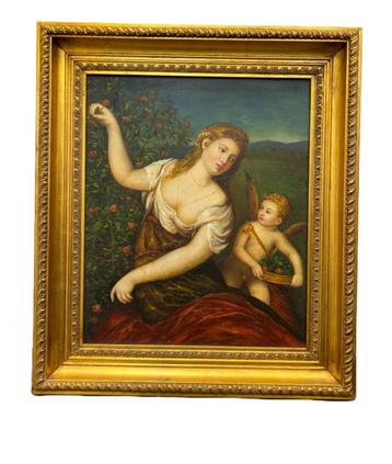 Schilderij op doek, gesigneerd - Venus en Amor beschikbaar voor biedingen