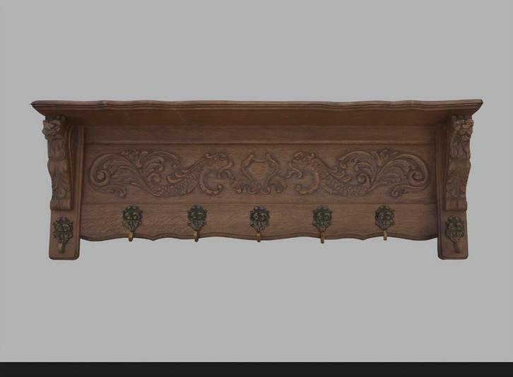 Antieke houten wandkapstok – rijk houtsnijwerk – 6 messing h, Huis en Inrichting, Woonaccessoires | Kapstokken, Wandkapstok, Hout