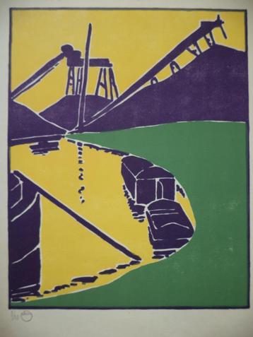 Gravure bois Le Roux, puits de mine transport charbon bateau, Enlèvement ou Envoi