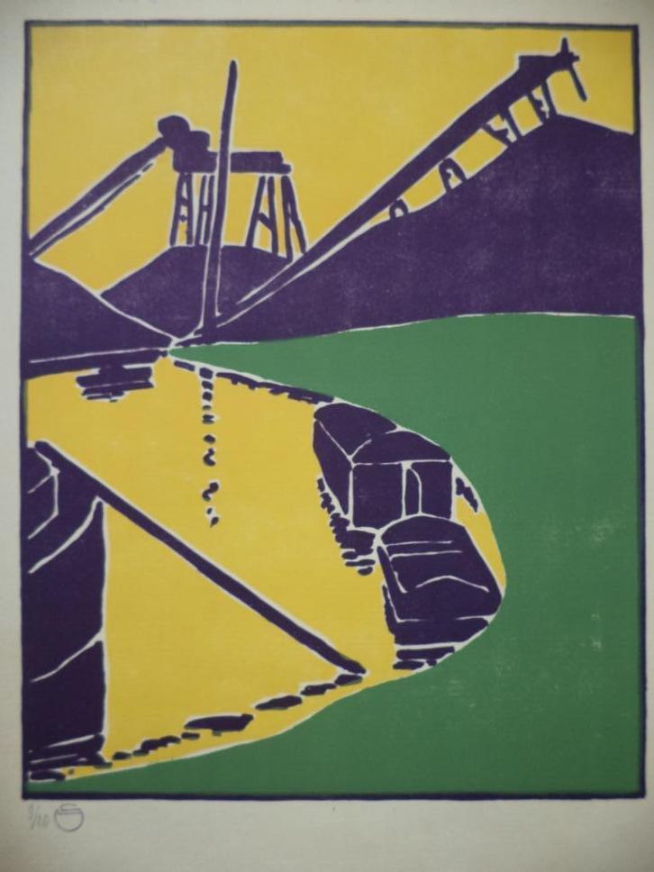 Colored woodblock print houtsnede Le Roux koolmijn schacht, Antiek en Kunst, Kunst | Etsen en Gravures, Ophalen of Verzenden