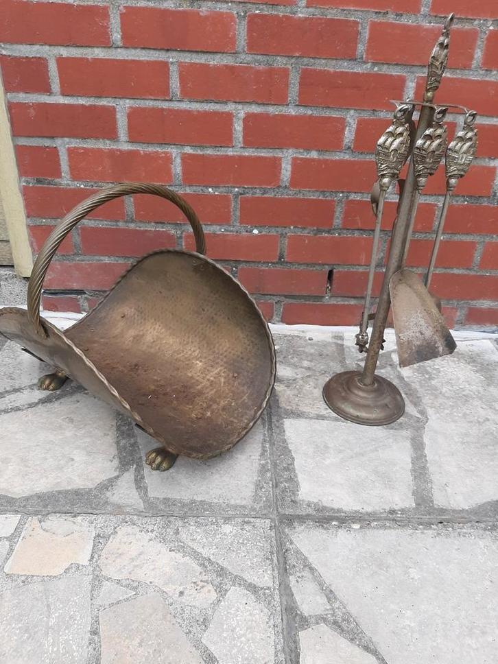 Opbergmand brandhout + haardset of barbecue set, Antiek en Kunst, Antiek | Brons en Koper, Koper, Ophalen of Verzenden