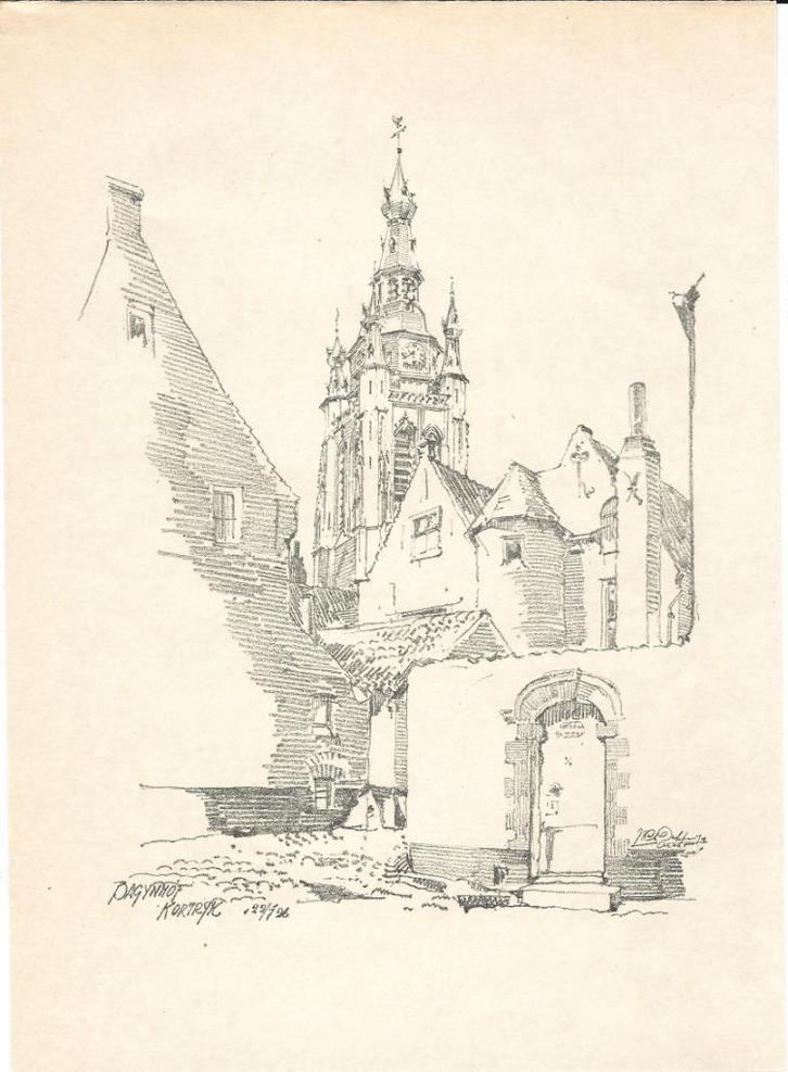 1900 - Kortrijk - het begijnhof, Antiek en Kunst, Kunst | Etsen en Gravures, Ophalen of Verzenden