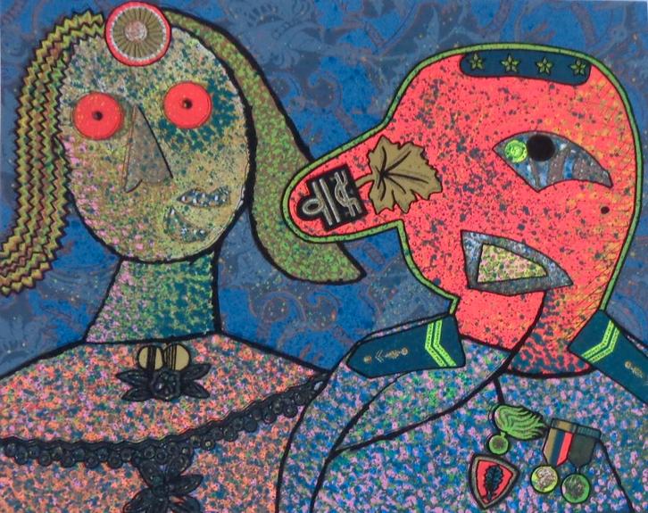 ENRICO BAJ / GENERAAL AMIN DADA / MIXED MEDIA / 70x100cm SIG, Antiek en Kunst, Kunst | Litho's en Zeefdrukken, Ophalen of Verzenden