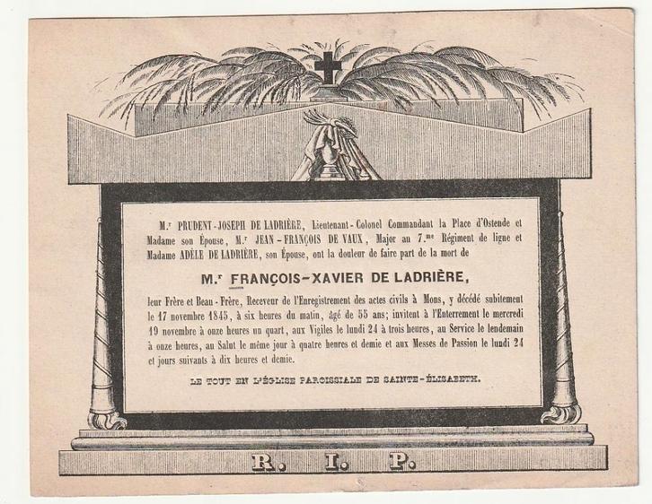 Décès carton FX DE LADRIERE Receveur actes Civils Mons 1845, Verzamelen, Bidprentjes en Rouwkaarten, Rouwkaart, Verzenden