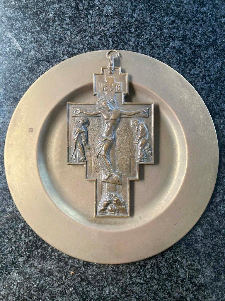 Schaal + bronzen Kruis offerande begrafenissen, Antiquités & Art, Enlèvement ou Envoi