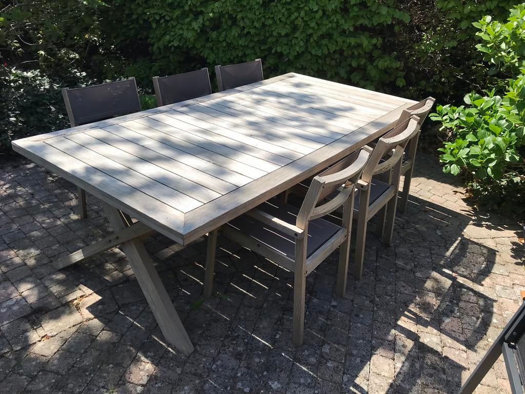 Tuintafel met 6 stoelen in teak, Tuin en Terras, Ophalen, Gebruikt, Rechthoekig, Teakhout