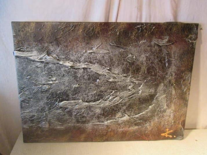 Leuk abstract geschilderd Werk 'Zilveren Golven' - 70x50, Ophalen of Verzenden