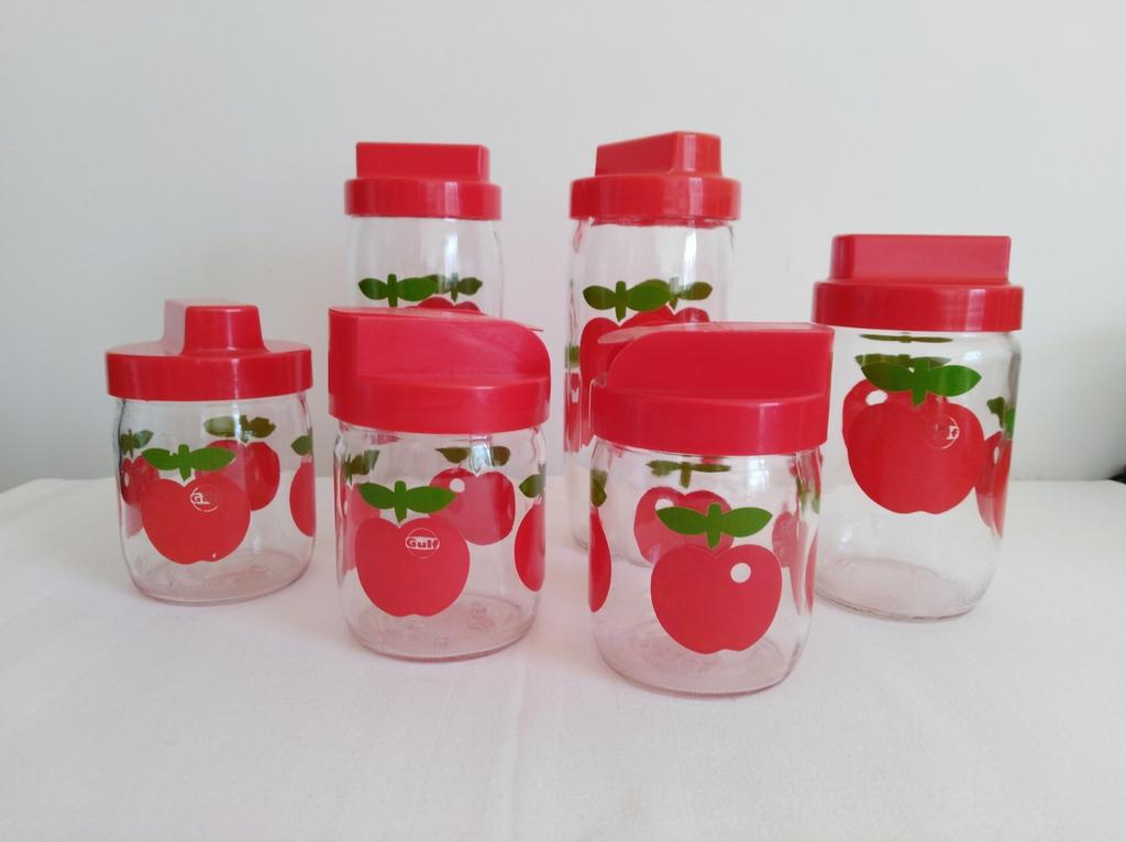 Vintage set Gulf 'appeltjes' dekselpotten., Antiek en Kunst, Antiek | Keukengerei, Ophalen of Verzenden