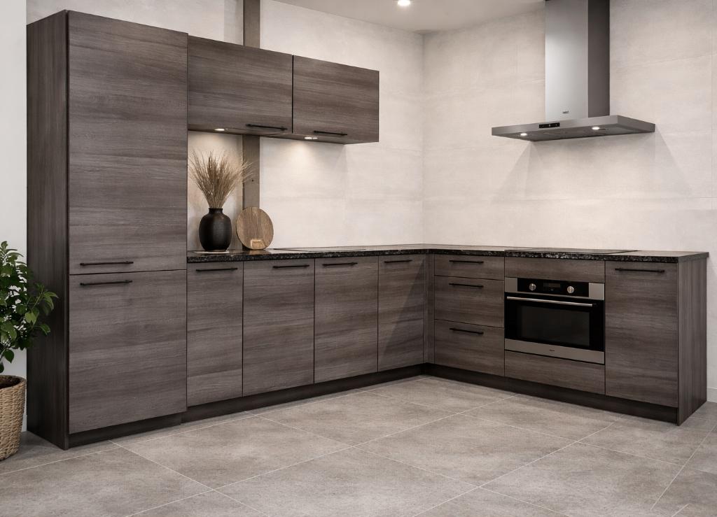 Duitse duurzame keuken 320 x 208 of 260 x 268 cm, apparatuur, Ophalen, Hout, Hoekkeuken