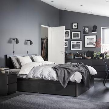 Lit complet Ikea Malm avec tiroirs, sommiers, matelas…, Enlèvement ou Envoi, Comme neuf, Noir