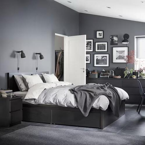 Ikea Malm tweepersoonsbed met laden, matrassen..., Huis en Inrichting, Slaapkamer | Bedden, Zo goed als nieuw, Zwart, Ophalen of Verzenden