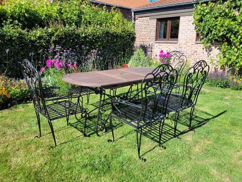Tuintafel + 6 smeedijzeren stoelen, Tuin en Terras, Tuinsets en Loungesets, Zo goed als nieuw, Loungeset, Teakhout, 6 zitplaatsen