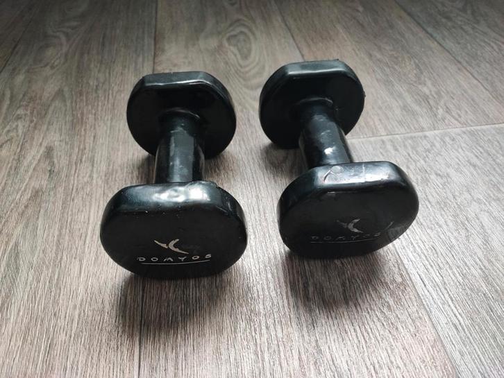 2 x 3kg Domyos dumbells. (6kg), Sport en Fitness, Fitnessmaterialen, Gebruikt, Dumbbell, Armen, Benen, Borst, Buik, Rug, Ophalen of Verzenden
