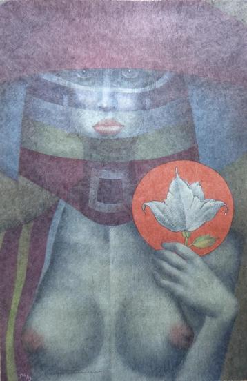 JEF VAN TUERENHOUT / KONINGIN MET BLOEM / ZEEFDRUK / 76x50cm beschikbaar voor biedingen
