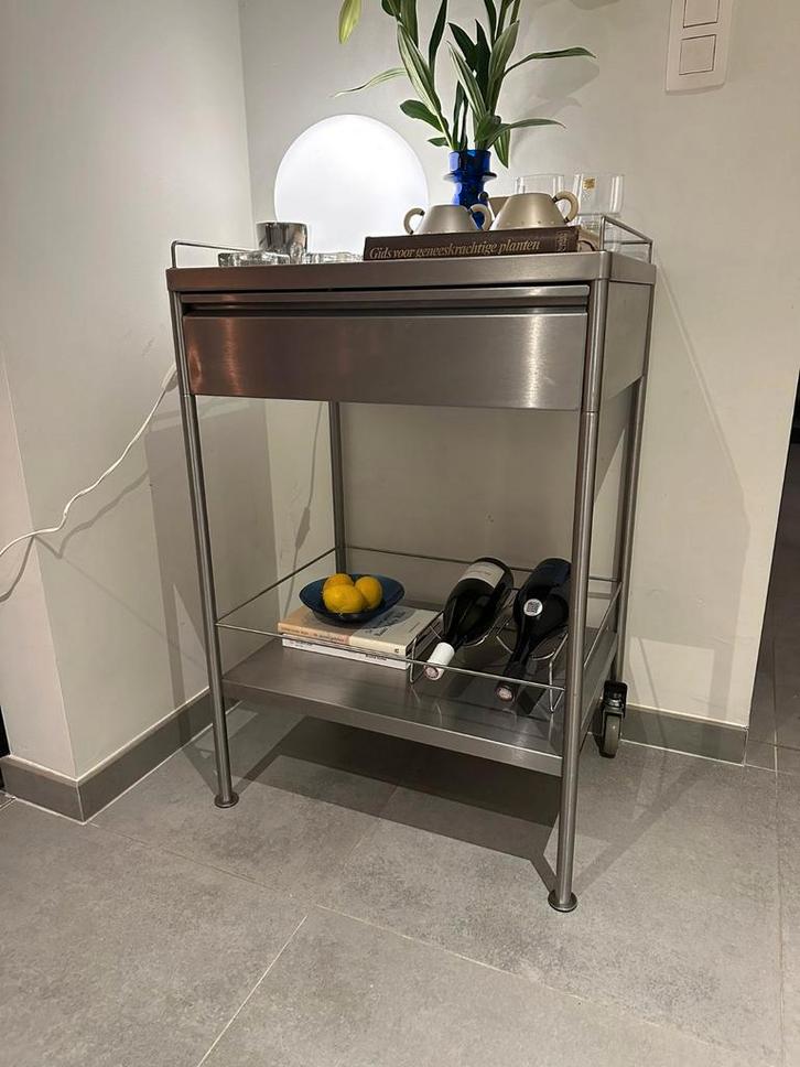 Rvs bar cart bijzettafel met lade, Huis en Inrichting, Tafels | Sidetables, Gebruikt, Ophalen