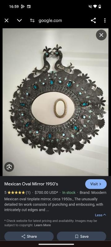 Mexicaanse ovale spiegel in tin antiek beschikbaar voor biedingen