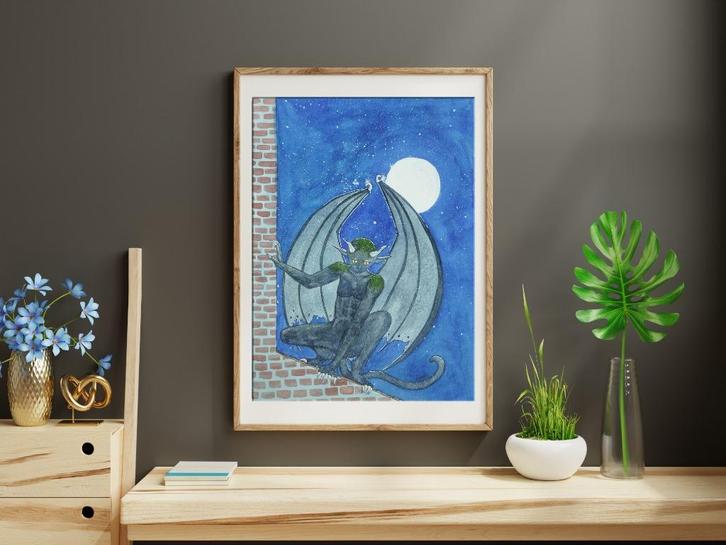 Gargoyle guardian - Originele aquarel, Antiek en Kunst, Kunst | Schilderijen | Modern, Ophalen of Verzenden