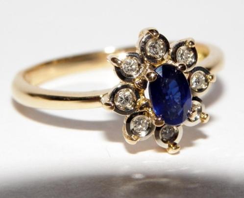 18KT geelgouden ring met Diamanten en Saffier, Handtassen en Accessoires, Ringen, Zo goed als nieuw, Dame, Kleiner dan 17, Blauw
