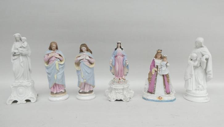 Zes antieke heiligenbeeldjes in biscuit, Antiek en Kunst, Antiek | Religieuze voorwerpen, Ophalen