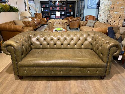 Originele Vintage chesterfield 2,5zits zetel Groen Plainseat, Antiek en Kunst, Antiek | Meubels | Stoelen en Sofa's, Ophalen of Verzenden