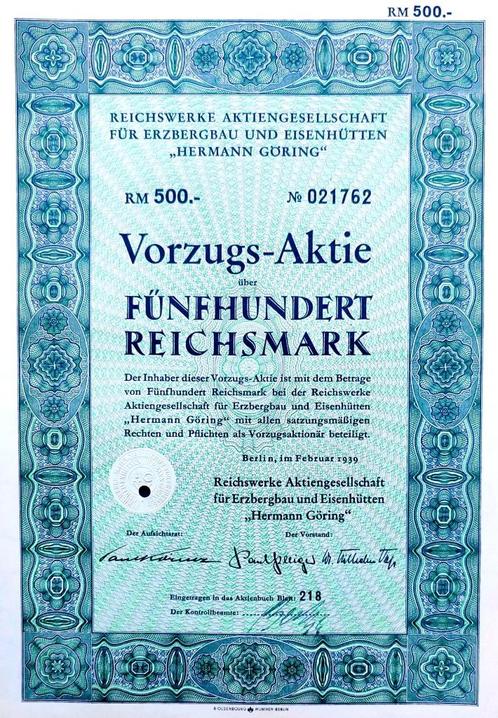 Reichswerke "Hermann Göring" 1939, Postzegels en Munten, Aandelen en Waardepapieren, Aandeel, 1920 tot 1950, Ophalen of Verzenden