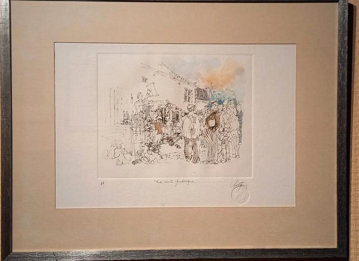 André Colpin, “La Vente Publique”, ingekleurde ets 42x54cm, Antiek en Kunst, Kunst | Etsen en Gravures, Ophalen of Verzenden