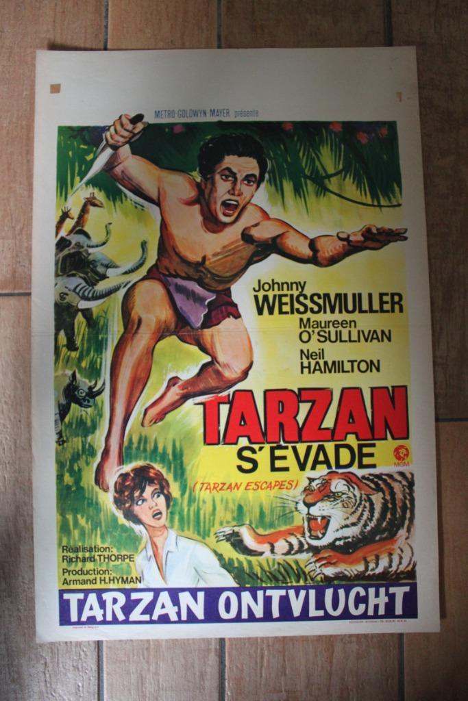 filmaffiche Tarzan Escapes Johnny Weissmuller filmposter, Verzamelen, Posters, Zo goed als nieuw, Film en Tv, A1 t/m A3, Rechthoekig Staand