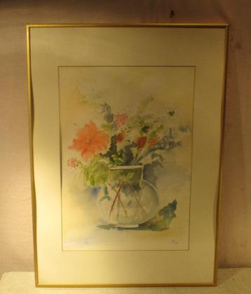 Mooi Geschilderd Aquarel 'Bloemen in Glazen Pot' - J.R.2000 beschikbaar voor biedingen