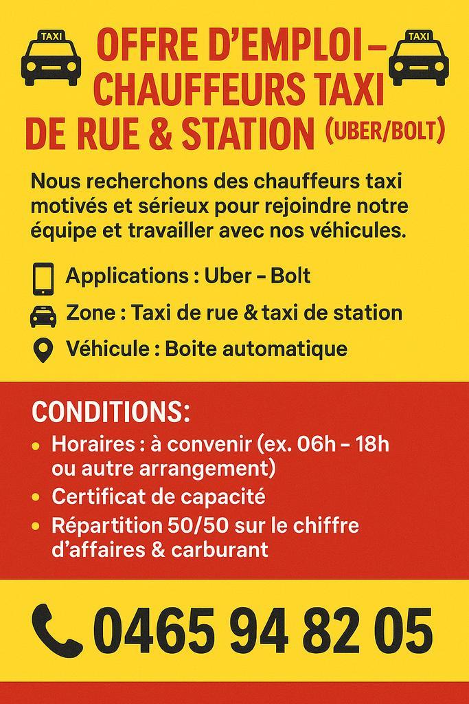 OFFRE D'EMPLOI-CHAUFFEURS TAXI DE RUE & STATION (UBER/BOLT), Offres d'emploi, Emplois | Chauffeurs