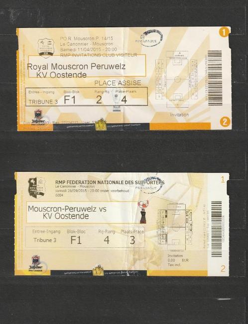 Ex Mouscron - KV Oostende : 4 tickets (utilisés), 2015-201, Collections, Articles de Sport & Football, Utilisé, Autres types, Enlèvement ou Envoi